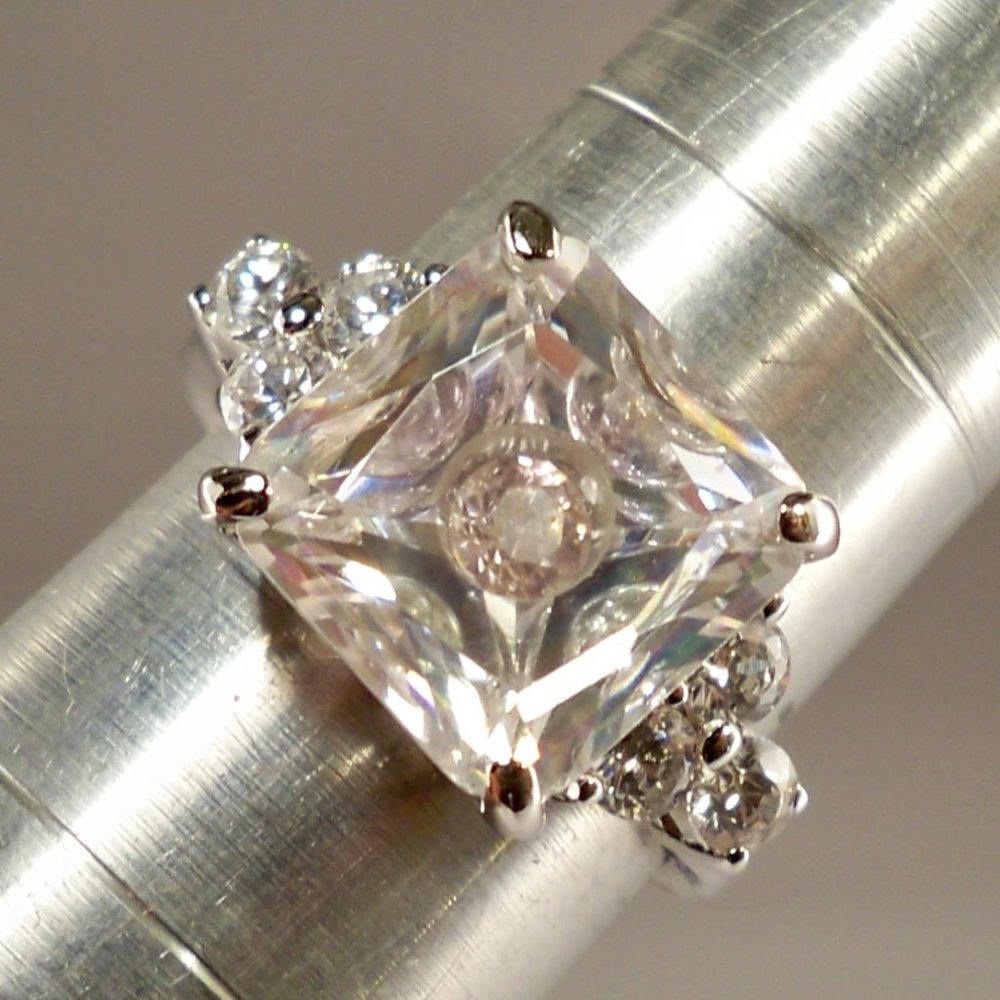 NEW Pink Stone Inside Cubic Zirconias Silver Vintage DESIGNER Ring